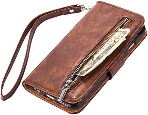 iPhone 7 wallet Case, WOOZU iphone7 Wallet Case [Wrist Strap] [Folio][Flip]with Stand Feature and Card Holder for Apple iPhone 7 4.7"inch,with Zipper Cash Purse Slot Pocket