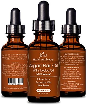Argan Oil for Hair, CHERRY ROSE Scent - Repair Damaged Hair, Daily Hair Moisturizer, 9 Premium Quality Natural Essential Oils, including Jojoba Oil for Hair. FREE easy to use Dropper.