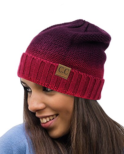 NYfashion101 Exclusive Two Tone Cuff & Slouch Winter Warm Beanie Hat - 2 Tone Burgundy
