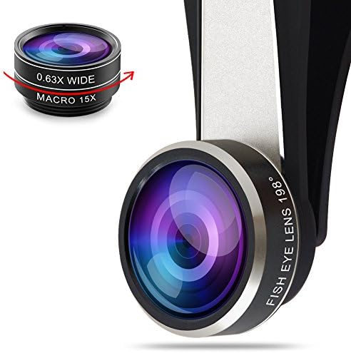 3 in 1 Cell Phone Camera Lens Kit-198 Degree Super Fish Eye + 0.63X Wide Angle + 15X Macro Lenses + Universal Clip for Apple iPhone 6S/6/5S/iPad/Android and Other Smartphones (Silver)