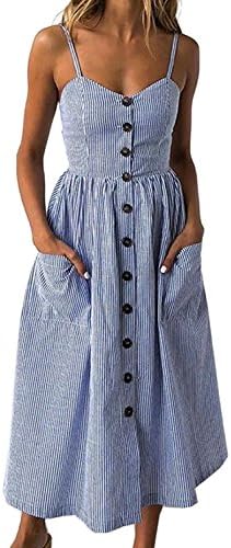TinyChic Womens Summer Swing Sleeveless Button Down Spaghetti Strap Sundress Striped Midi Dress Navy M
