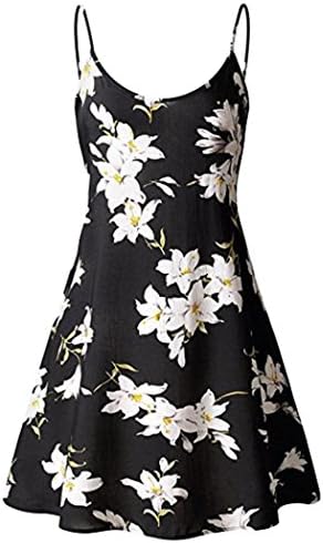 Kolylong Women Summer Holiday Dress ✿ Vintage Floral Printed Dress Sleeveless Strappy Beach Swing Camis Casual Party Cocktail Dress Mini Dress (L, Black)