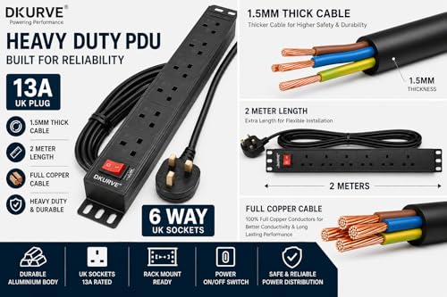 DKURVE 6 Way Horizontal 13a Power Distribution Unit (PDU) Power Strip Electric Charging Station. Heavy Duty (UK PLUG)