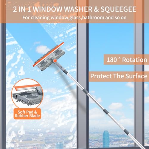 6.4FT Professional Extendable Window Squeegee and Scrubber | 180° Adjustable Head, Window Squeegee for High Windows, Glass, Shower, and Car Windshield Cleaning (Grey/Orange/Chrome)