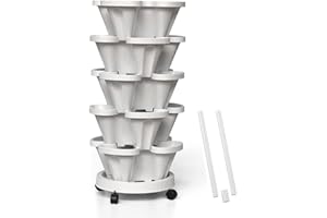 Tectsia Strawberry Vertical Planters, 5 Tiered Stacking Tower Garden with Support Pole, Stackable Herb Vegetable Planters Indoor and Outdoor - White