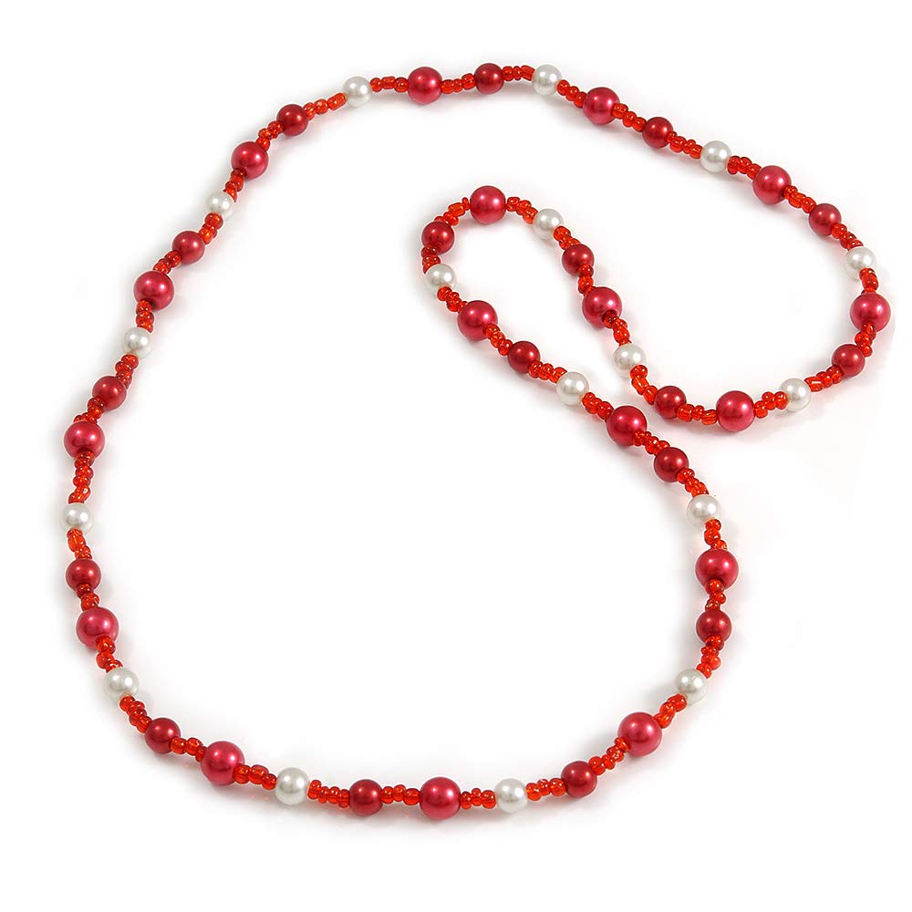 Avalaya Classic Red/White Glass Bead Long Necklace/ 84cm L