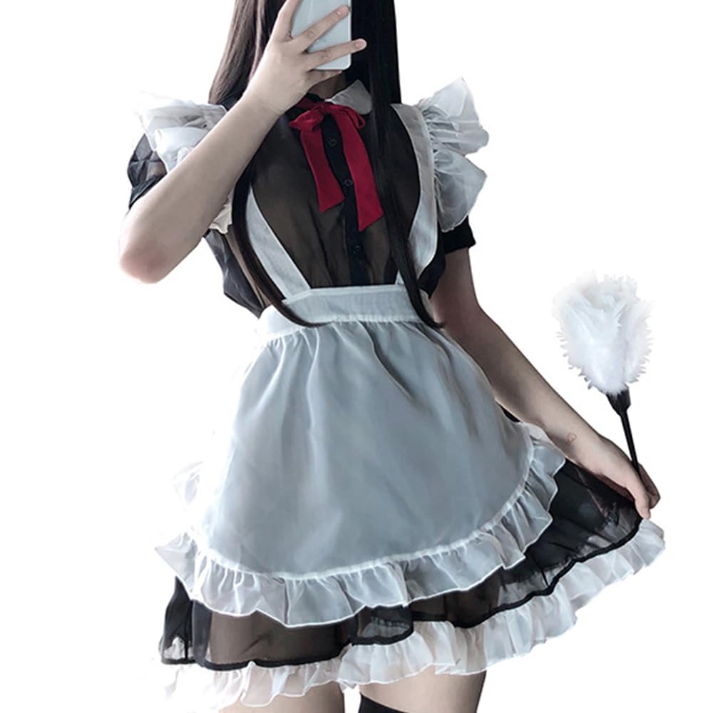 SNOMYRS Japanese Maid Dress Anime Apron Sweet Lolita Ruffle Dress Cosplay Sexy Mesh Maid Outfit Cat Lingerie