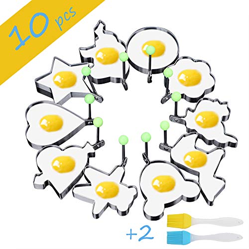 Egg Ring Pancake Mold 10 PCS Set ZOCONE DIY Creative Stainless Steel Cooking Mold Omelette Mold Set Non-Stick Hot Kitchen Cooking Omelette Model Egg Pancakes,with 2 Piece High Temperature Baking Barbe