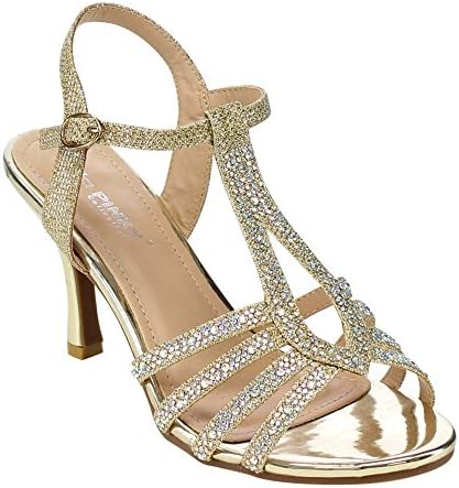 VIA PINKY CLAUDIA-93 Womens Buckle Strap Rhinestone Deco Cut Out Dress Heels, Color:GOLD, Size:8