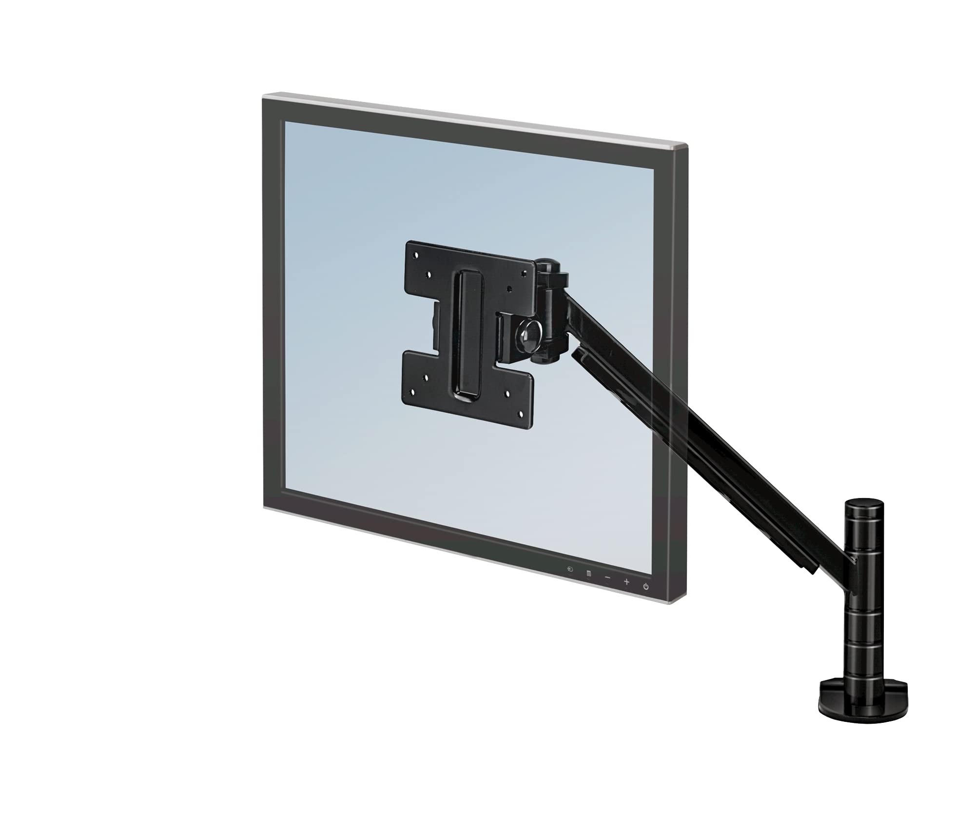 Fellowes Smart Suites Single Monitor Arm - Ergonomic VESA Compliant Adjustable Monitor Stand with Tilt, Swivel, Rotation Functions and Cable Management System - Max Monitor Size 21" - Max Weight 9KG, Black, Standard