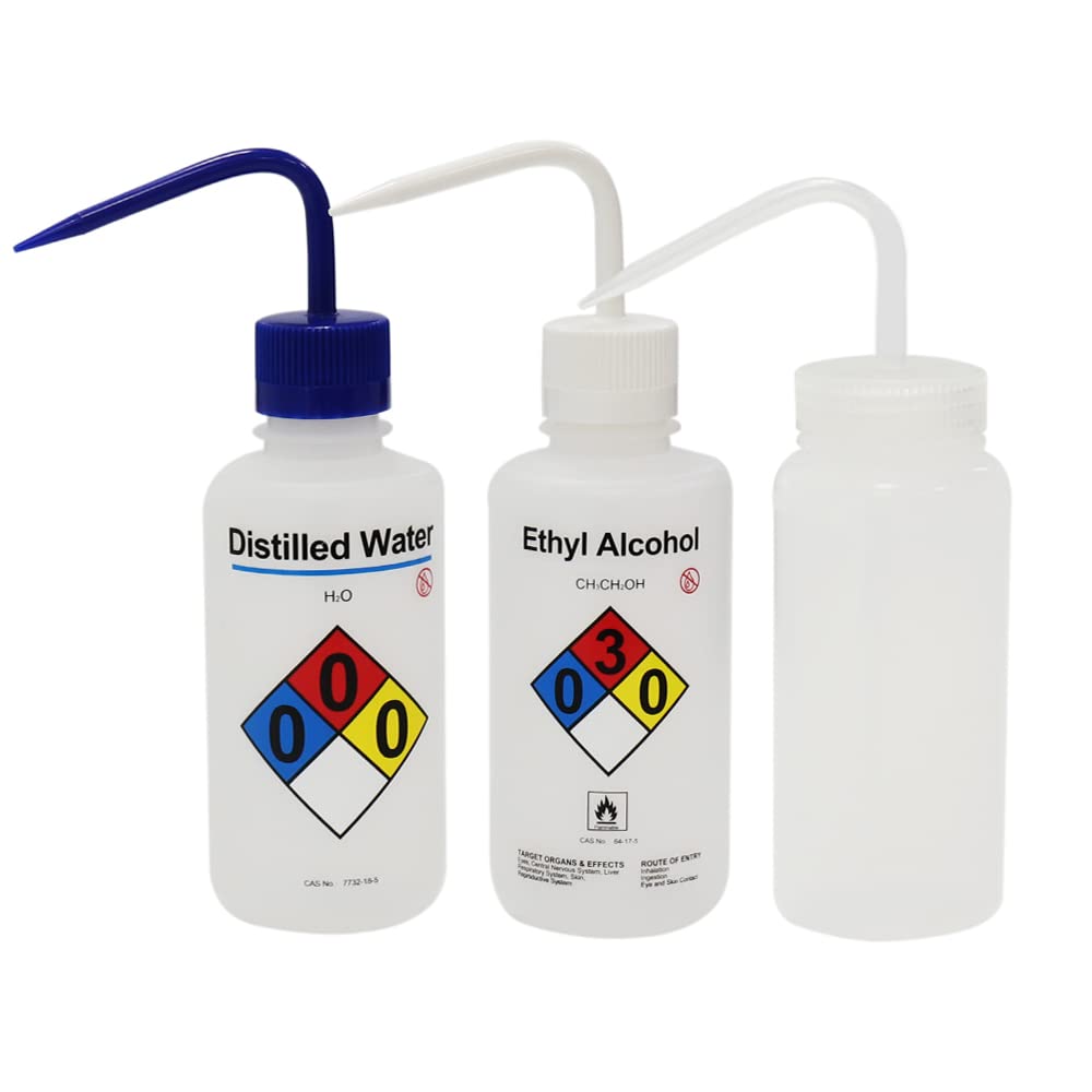 ULAB Scientific Wash Bottle set, 1 of each for Self-venting Safety Wash Bottles of Distilled water and Ethyl Alcohol, Vol.500ml, LDPE material, 1pc of general Wide-mouth wash bottle, LDPE material