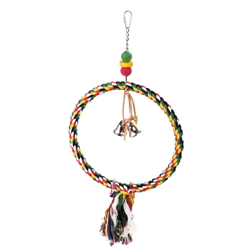PARROT ESSENTIALS Colourful Cotton Rope Swing - Round Cotton Rope Perch Wooden Swing for Parrots, Large Conures and More - Parrot Toy Nest Swing Encourages Foot Exercise - Hanging Rope Parrot Toy