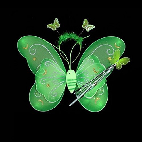 HuaYang Cute Fancy Butterfly Wand Headband Wing Fairy Cosplay Party Costume 3pcs/Set for Little Girl Kid(Green)