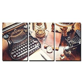Vintage Items on Old Desk - Canvas Art Wall Art - 16"x24"x3 Panels