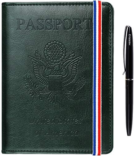 HERRIAT Leather Passport Holder Cover Case RFID Blocking Travel Wallets Card Case for Women Men(Dark Green)
