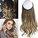 SARLA Ombre Invisible Wire Hair Extensions with 3 Clips Short Synthetic Wavy Curly Hairpiece Adjustable Transparent Headband for Women 14 Inch Brown to Ash Blonde