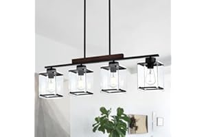 TODOLUZ 4-Lights Farmhouse Dining Room Chandelier, Black Kitchen Island Hanging Pendant Light Ceiling with Solid Wood & Rectangular Clear Glass, E26 Bulb Base
