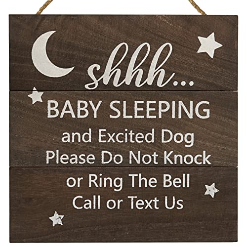 HAMUIERS Baby Sleeping Sign for Front Door, Do Not Knock or Ring Doorbell sign, Wooden Door Hanger Woodland Nursery Decor