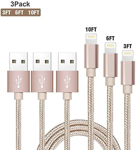 Braided Lightning Cable USB Charging Data Cord Charger for iPhone X / 8 / 8 Plus / 7 / 7 Plus / 6 / 6s Plus / 5 / 5s, iPad mini 4 / 3 / 2, iPad, iPod &amp; More(3 Pack--3ft 6ft 10ft, Gold) …