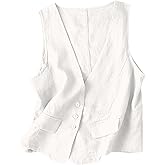 UATKIMI Womens Cotton Linen Vest Casual Loose V Neck Sleeveless Vests Jacket(White,M)