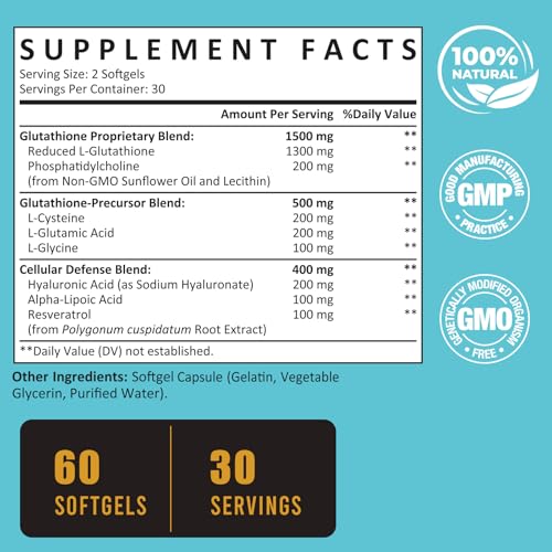 Zeylamum 2400 MG Liposomal Glutathione Softgels, Max Absorption, Active Form L-Glutathione Reduced (GSH), with Hyaluronic Acid, Resveratrol, Master Antioxidants for Brain, Immune System, 120 Softgels