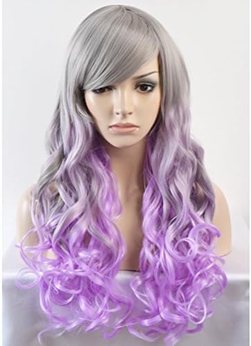 TKEKON Long Curly Full Head Grey Ombre Lavender Wigs Natural Wavy Wigs for Cosplay Costume Party Come with Wig Cap (Grey Ombre Lavender)