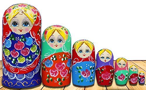 WALAIKA 7pcs Blue Belly Beautiful Girl Russian Nesting Dolls Handmade Wooden Matryoshka Toys The Best Gift for kids