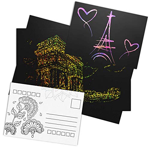 ARTEZA Scratch Paper Set of 42, 10.9x8.2 inch Sheets, Art Set Include: 4 Unique Patterns, 4 Scratchers, 4 Stencils, 4 Post Cards, for Kids, Art & Craft Classrooms and DIY Projects