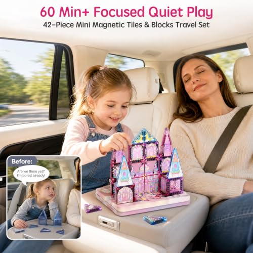 Kit de voyage de blocs magnétiques pour filles : 60 min de jeu tranquille, 42 tuiles magnétiques Licorne & princesses, boîte métallique portable pour la voiture et l'avion, cadeau pour les 3 à 6 ans