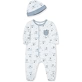 Little Me Baby Boy Clothes 2-Piece Baby Sleeper and Cap Set, 100% Cotton Footies Baby Essentials, Preemie to 9 months