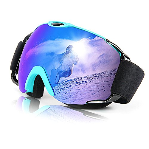 MeeQee Ski Goggles, Snow Sports Goggles Over Glasses for Men & Women, Anti-fog 100% UV Protection Ski Glasses Helmet Compatible Snowboard Goggles with Detachable Lens & Strap - Brown REVO Mirror Blue
