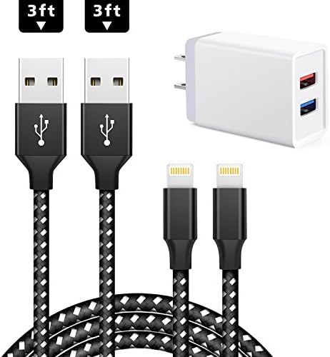 JellyShark Lightning Cable 2-Pack 3 FT USB Cable With 1-Pack Dual Port 5V/2.4A Charging Plug Home Travel Power Wall Charger Adapter Plug For iPhone 8/7/7 plus/6/6s Plus/5/5S/iPad/iPod and More
