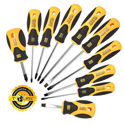 Topec Magnetic Screwdriver Set, Professional 10Pc Suniversal 5 Phillips and 5 Flat Head Chrome and Vanadium Steel Dual Purpose Magnetic Screw Set