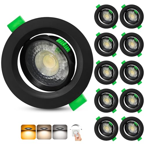 Aulaiyi LED Downlight Recessed Ceiling Dimmable 230V, 5W 500LM LED Spotlights Indoor Rotable Ceiling Warm White Neutral White Cool White, IP44 Extra Flat Portholes, Cut 68-80mm, Black 10 Pack