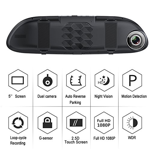 TekBow Car Video Recorder Dual Lens Dash Cam 5.0" Touch Screen Rearview Mirror Full HD 1080P 170 Degree Wide Angle with Front and Back Camera, Night Vision, G-Sensor, Parking Mode, Loop Recording