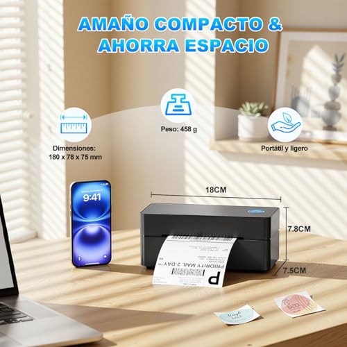 OFICHIDO Impresora Térmica de Etiquetas Bluetooth, 4x6 Impresión de Etiquetas de Envío Nalambrica, Control Inteligente de Temperatura, con Memoria USB, Compatible con Casi Todas Las Plataformas