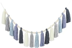 0M0DZH Blue Tassel Garland Pastel Banner,Coastal Boho Tassel Wall Hanging Llama Decorations for Bedroom,Nursery Dorm Room,Birthday,Baby Shower, Girls Boho Home Decor Gift