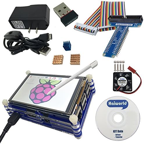Haiworld Starter Kit For Raspberry Pi 3 b / 2b, 3.5" TouchScreen + RPI Case + Heat sinks + 5V Power adapter + GPIO Board + Connection Cable + Cooling Fan + 150 Mbps WiFi (8 Items with CD)
