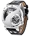 Men's Unique Analog Watch, Luxury Fashion Dress Quartz Wrist Watches with Comfortable Leather Band Large Face Dual Dial Cool Design Two Time Zone Silver