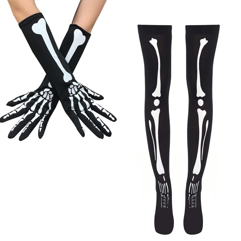 Skeleton Gloves and Tights for Women - Halloween Skull Arm Warmers and Over The Knee Socks