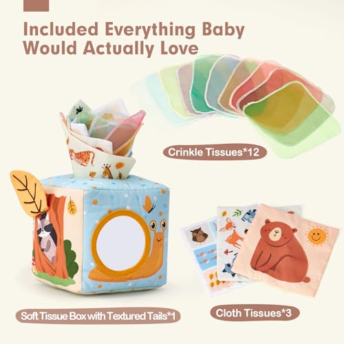 hahaland Montessori Baby Tissue Box 6-12 Months, Sensory Interactive Soft Toy Box Babies 3 6 8 12 Months, Original Gift for Newborn Babies