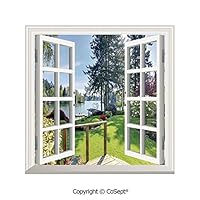 SCOXIXI Window Wall Sticker,Sunny Spring Season Day Pier View in Countryside Rural Cottage Nature Image,3D Window View Decal Home Decor Deco Art (25.86x22.63 inch)