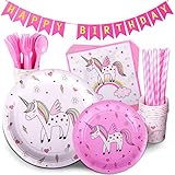 TRENDY BRANDY Unicorn Birthday Party Supplies Pink Children’s Rainbow Party Supply Set with Bonus Happy Birthday Banner Serves 12 , 96 Pieces