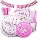 TRENDY BRANDY Unicorn Birthday Party Supplies Set - Pink Tableware Pack Includes Disposable Paper Plates, 9 Oz Cups, Straws, Napkin and Bunting Banner - Serves 12 Guests for Girls