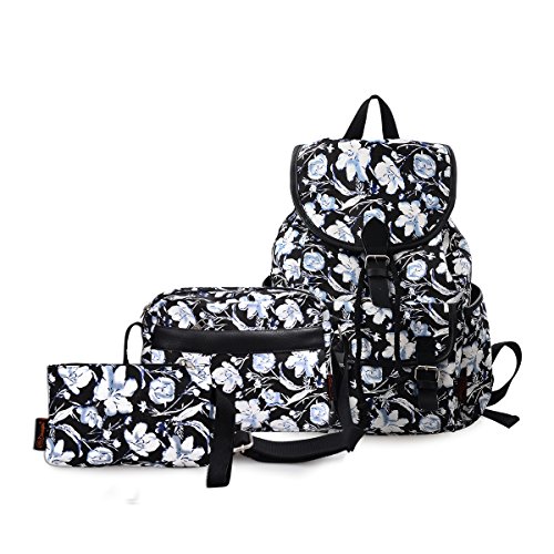 DGY Black Canvas Floral Printed Backpack 3 Pieces School Rucksack for Teen Girls 3Pcs