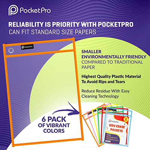Pocket Pro Dry Erase Pocket Sleeves Plastic Paper Sleeves (Pack of 6) Colorful Clear Plastic