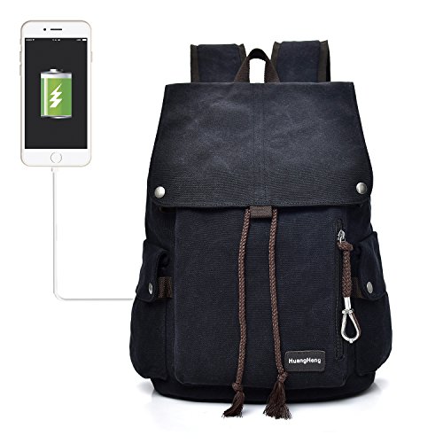 HuangHeng Vintage High Density Thick Canvas Backpack Outdoor Hiking Travel Rucksack With USB Charging Port