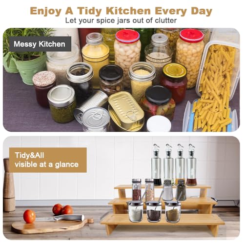 Keqin Kitchen Spice Rack Organizer for Cabinet,3 Tier Bamboo Multifunctional Spice Storage for Kitchen Cabinet, Cupboard,Pantry