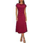 Happy Sailed Women's Spring Summer Short Sleeve Cowl Neck Ruched Waist Flowy A Line Midi Dresses Party Cocktail Dress