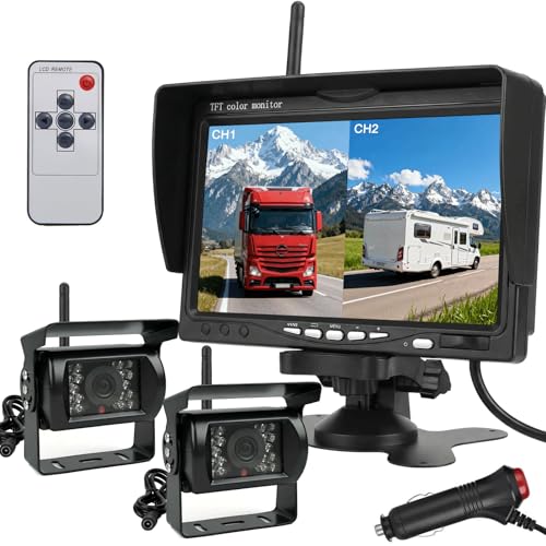 Wireless Digital Backup Camera System, 7 Inch AHD Split Screen with IP69 Waterproof Backup Camera, Infrared Night Vision, Dual Backup Camera for Truck/Trailer/Motorhome/Van